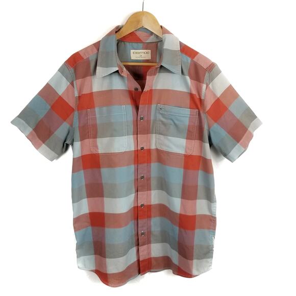ExOfficio Men's Plaid Check Short Sleeve Shirt Zip Pocket Orange Blue Gray Large - Picture 1 of 8